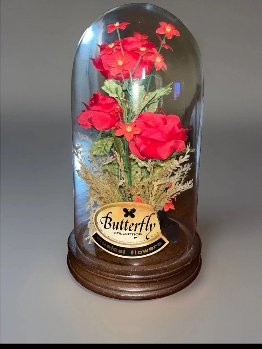 Vintage 70-80s Butterfly Collection Musical Flowers Glass Dome Plays-LoveStory